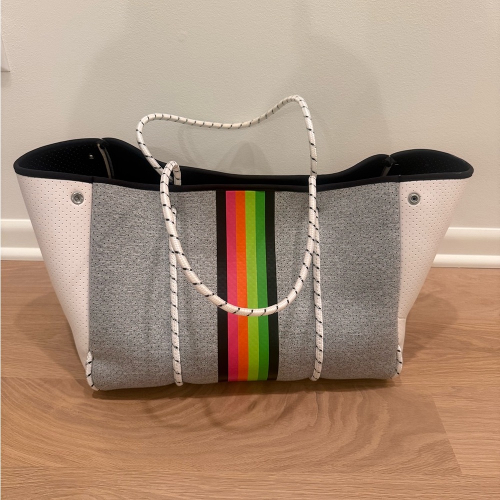 Haute Shore Greyson Tote Neoprene Grey White and Neon Beach Bag, Overnight bag